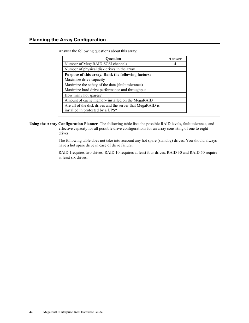 Planning the array configuration | LSI MegaRAID Enterprise 1600 User Manual | Page 58 / 154