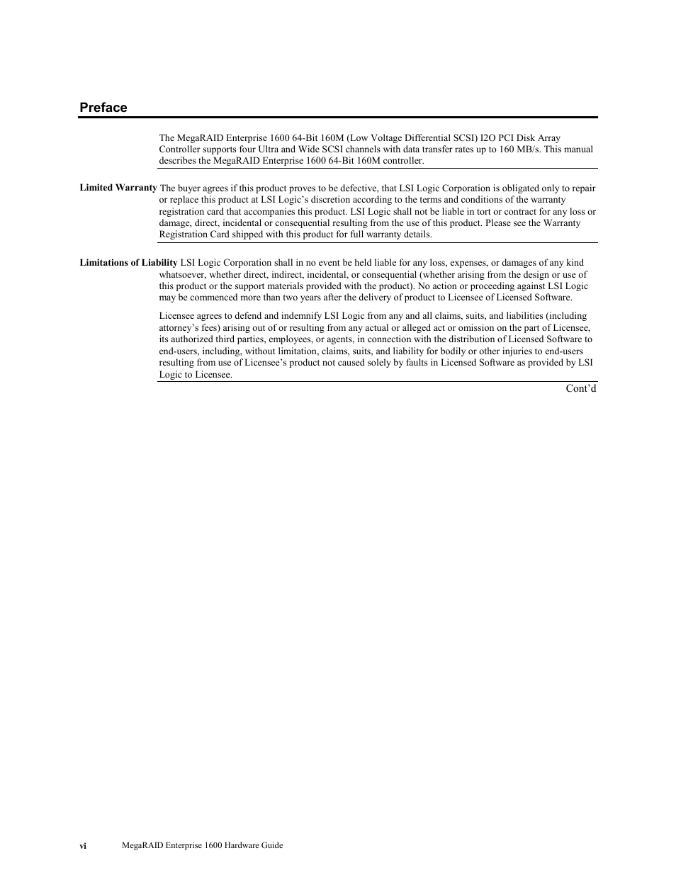 Preface | LSI MegaRAID Enterprise 1600 User Manual | Page 6 / 154