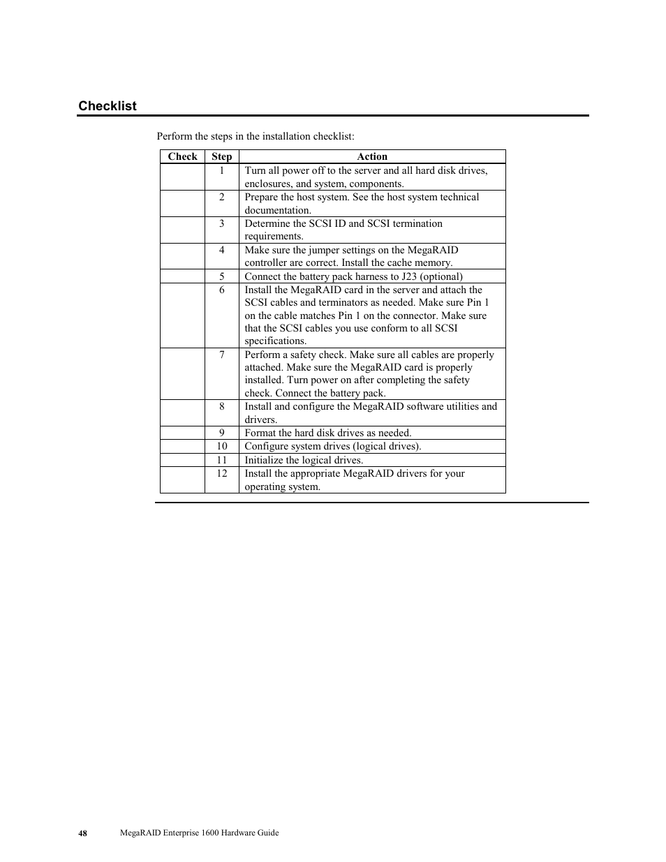 Checklist | LSI MegaRAID Enterprise 1600 User Manual | Page 62 / 154