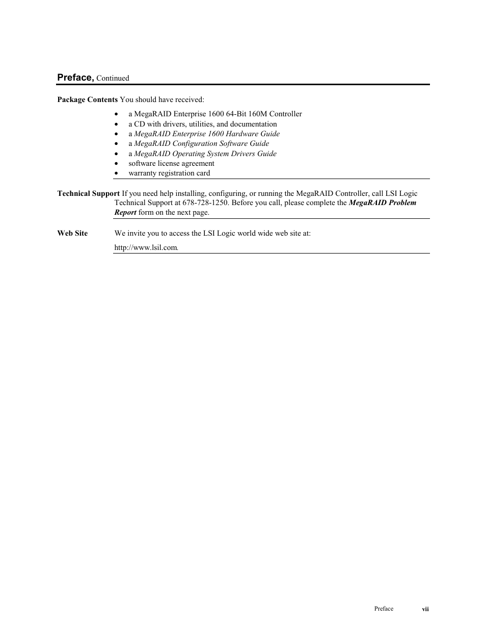 LSI MegaRAID Enterprise 1600 User Manual | Page 7 / 154