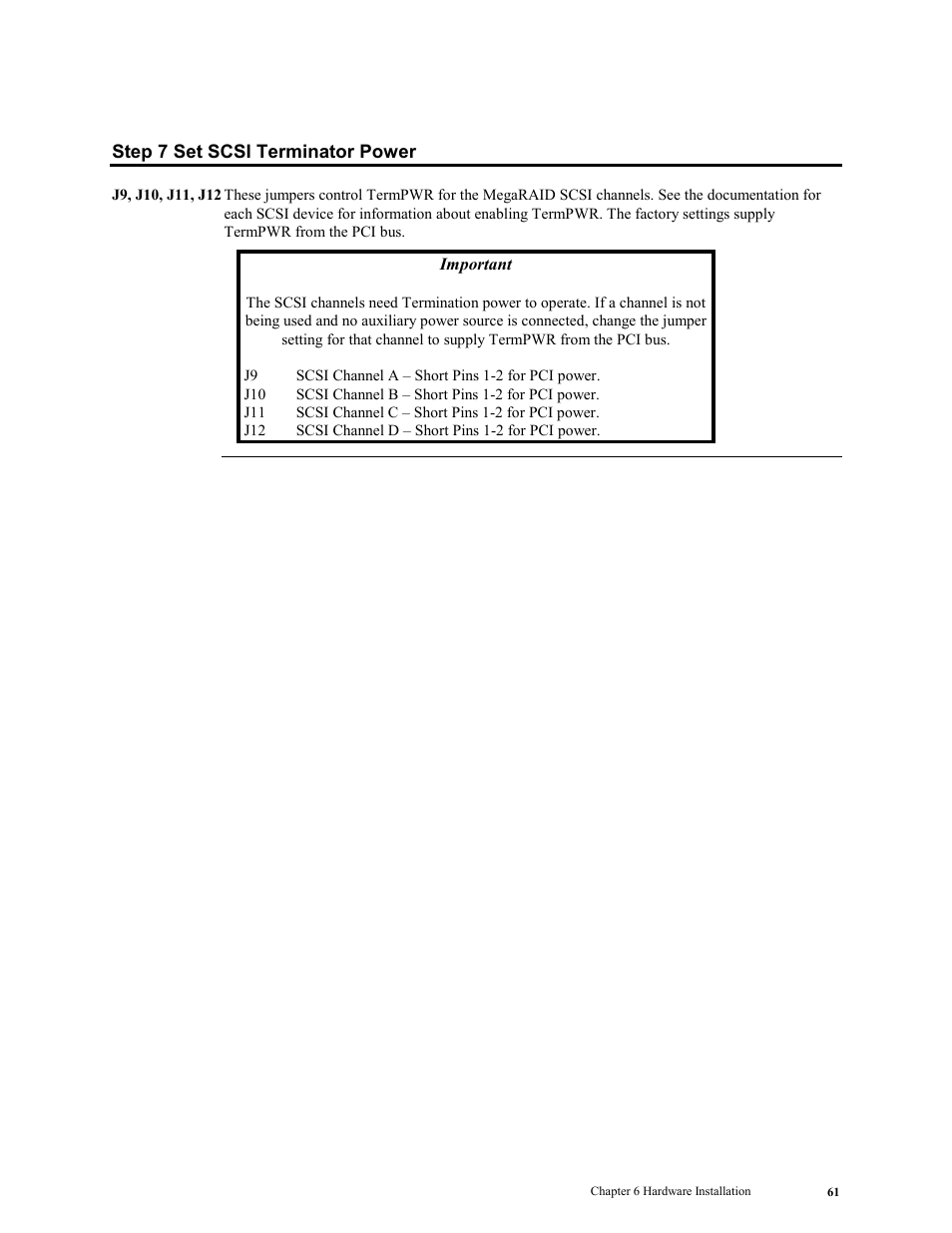 Step 7 set scsi terminator power | LSI MegaRAID Enterprise 1600 User Manual | Page 75 / 154