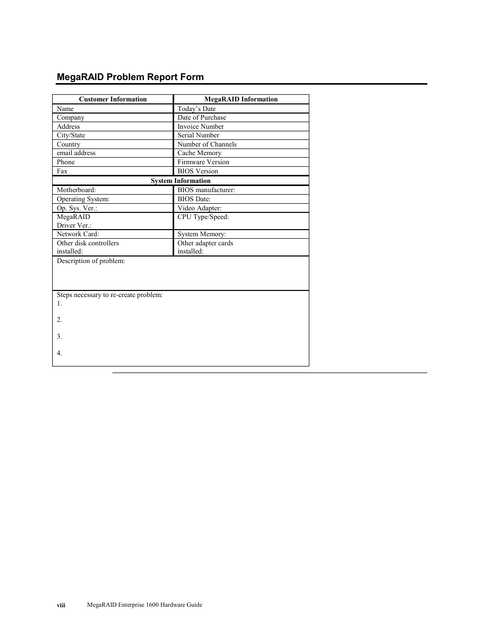 Megaraid problem report form | LSI MegaRAID Enterprise 1600 User Manual | Page 8 / 154