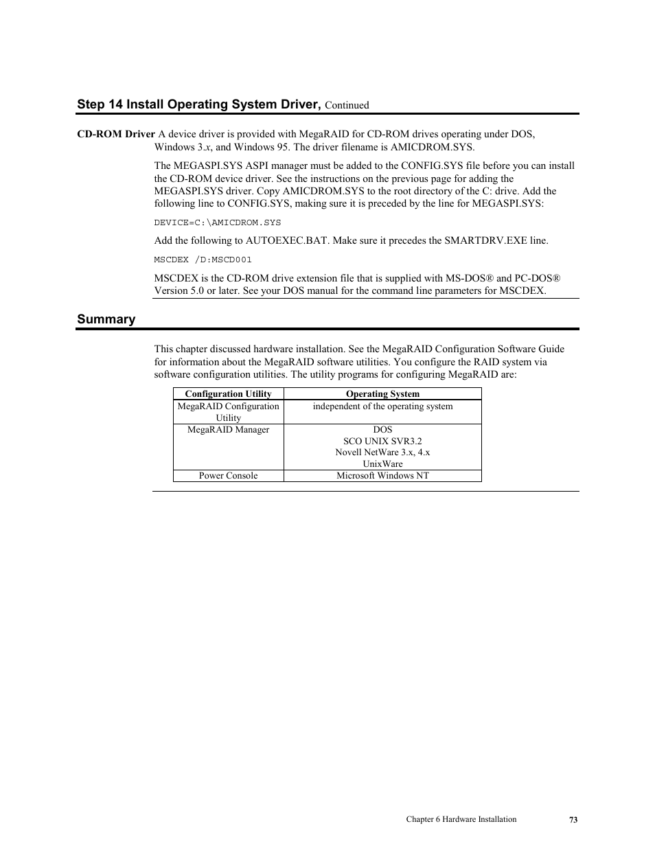 Summary, Step 14 install operating system driver | LSI MegaRAID Enterprise 1600 User Manual | Page 87 / 154