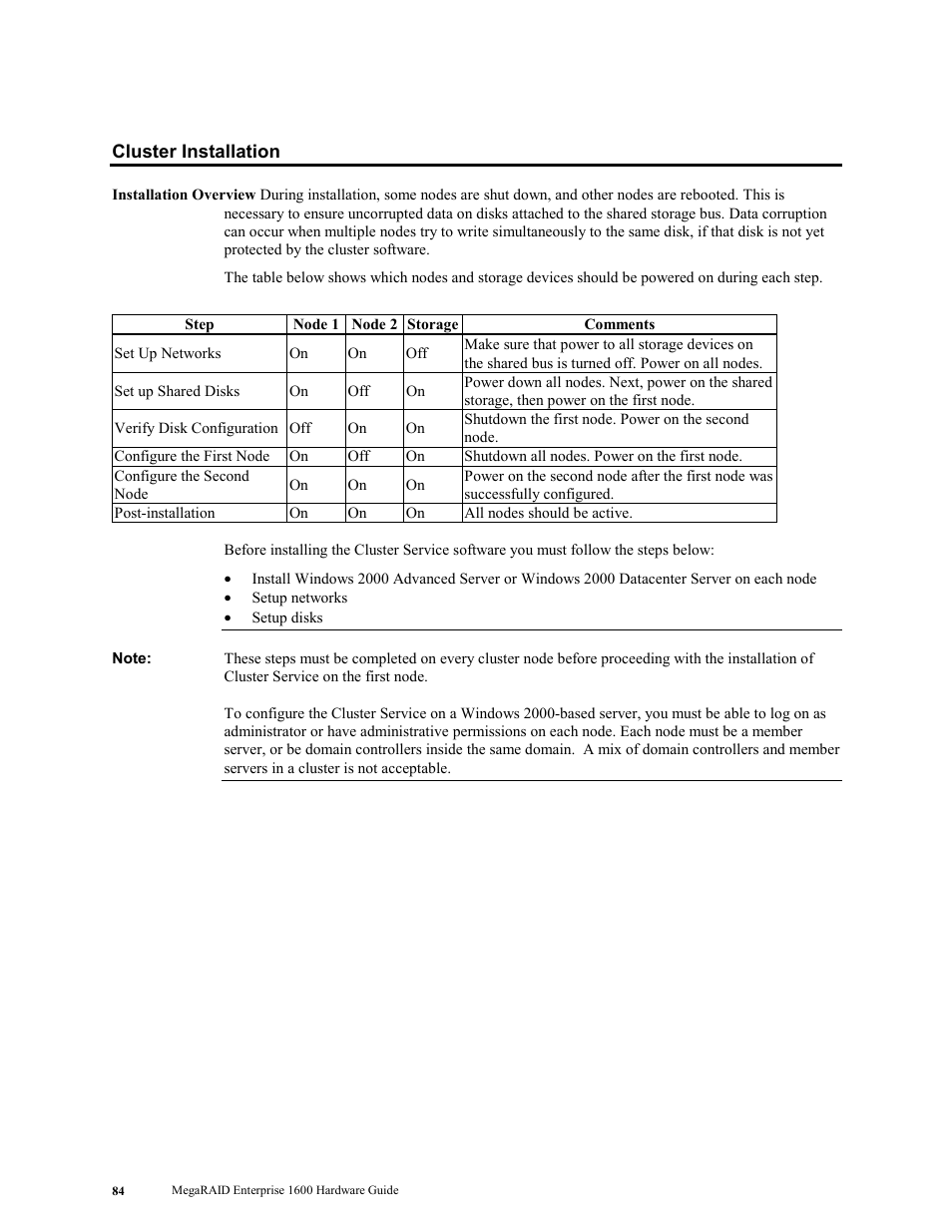 Cluster installation | LSI MegaRAID Enterprise 1600 User Manual | Page 98 / 154