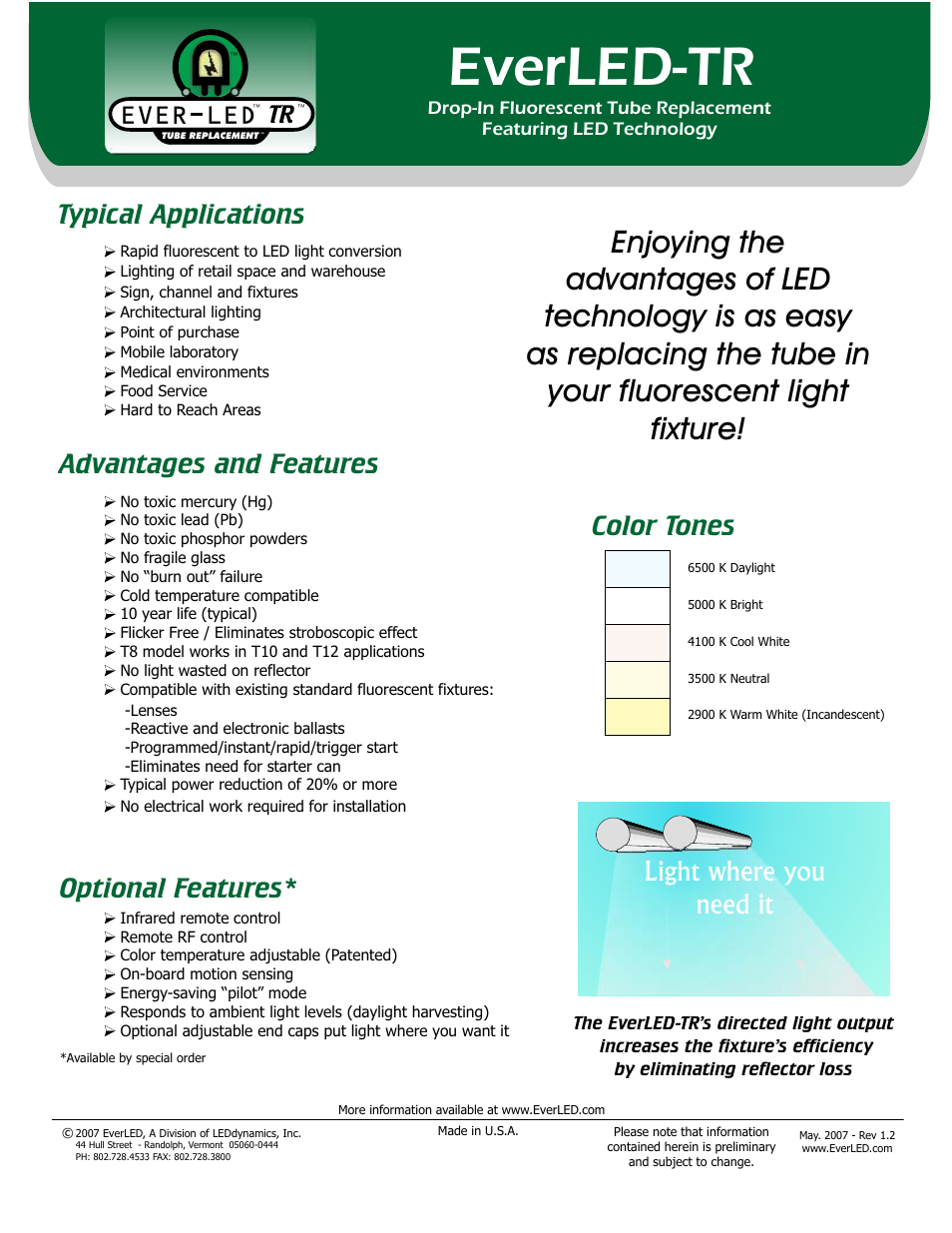 Everled-tr, Ever-led, Advantages and features typical applications | Optional features, Color tones, Light where you need it | Luxeon E2528-48-S4N User Manual | Page 2 / 2