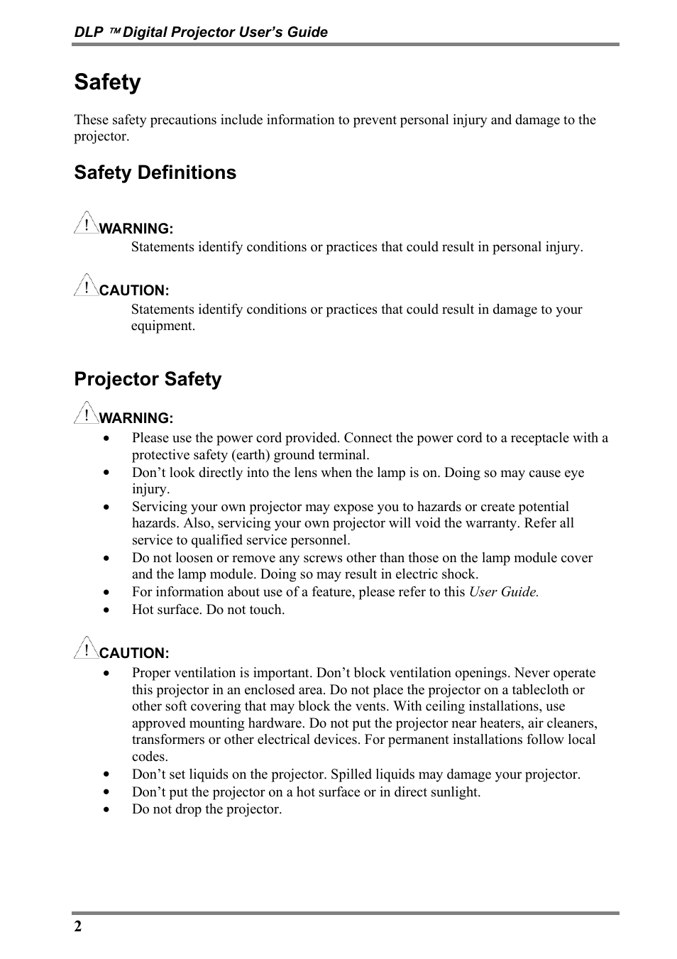 Safety, Safety definitions, Projector safety | Luxeon D315M User Manual | Page 2 / 39
