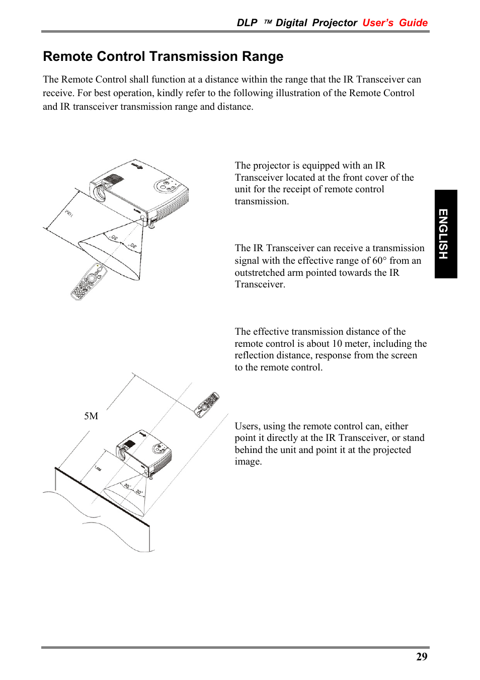 Remote control transmission range | Luxeon D315M User Manual | Page 29 / 39