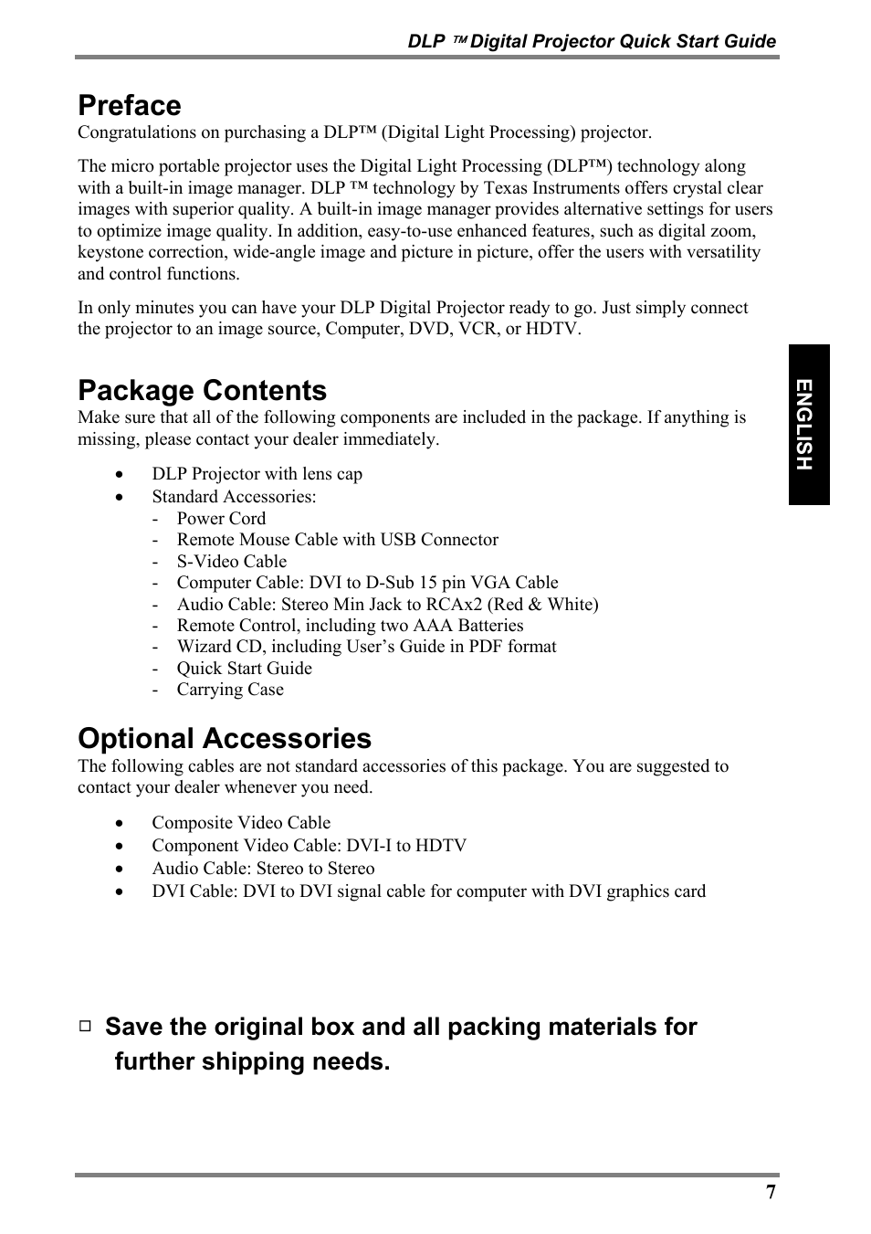 Preface, Package contents, Optional accessories | Luxeon D315M User Manual | Page 7 / 39