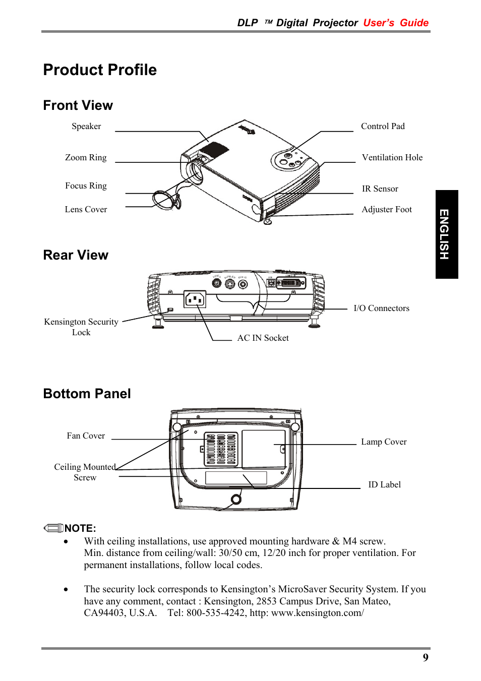 Product profile, Front view, Rear view | Bottom panel | Luxeon D315M User Manual | Page 9 / 39
