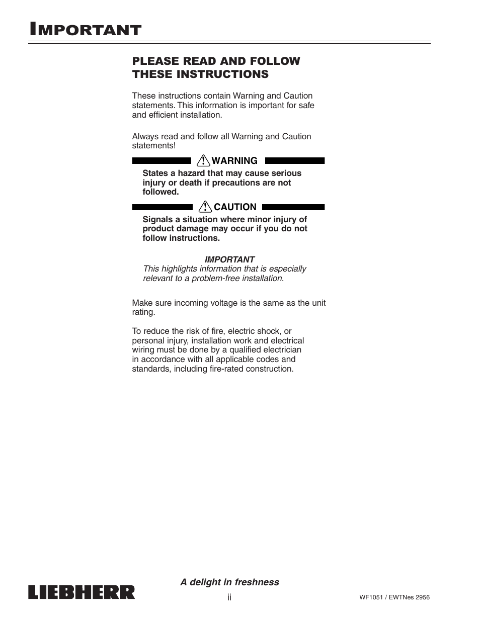 Mportant | Liebherr WF1051 User Manual | Page 2 / 29