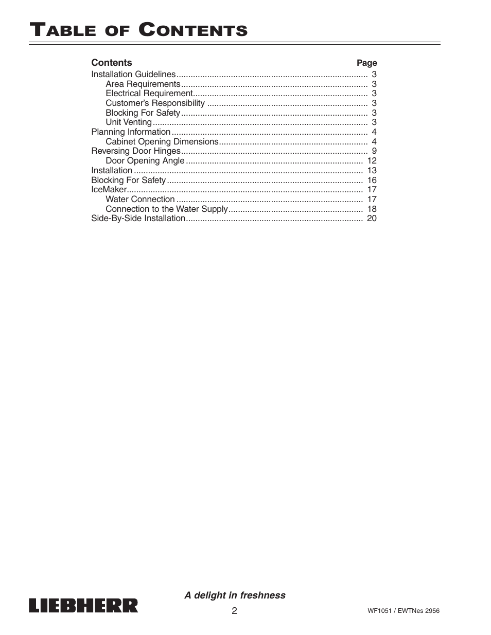Able, Ontents | Liebherr WF1051 User Manual | Page 4 / 29
