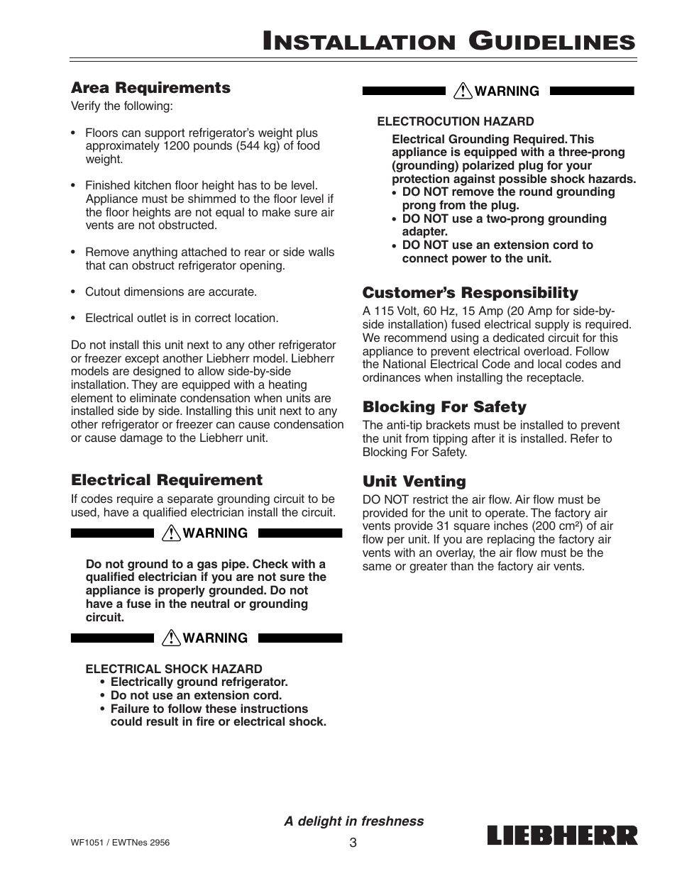 Nstallation, Uidelines | Liebherr WF1051 User Manual | Page 5 / 29