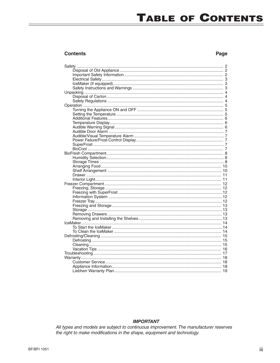 Able, Ontents | Liebherr BF/BFI 1051 User Manual | Page 3 / 23