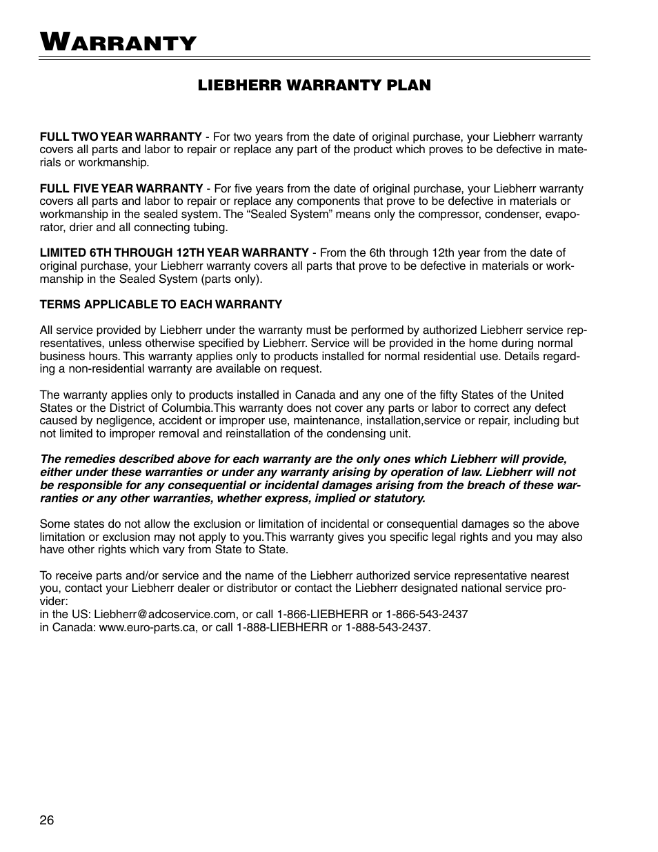 Arranty | Liebherr CS 7081411-00 User Manual | Page 26 / 26