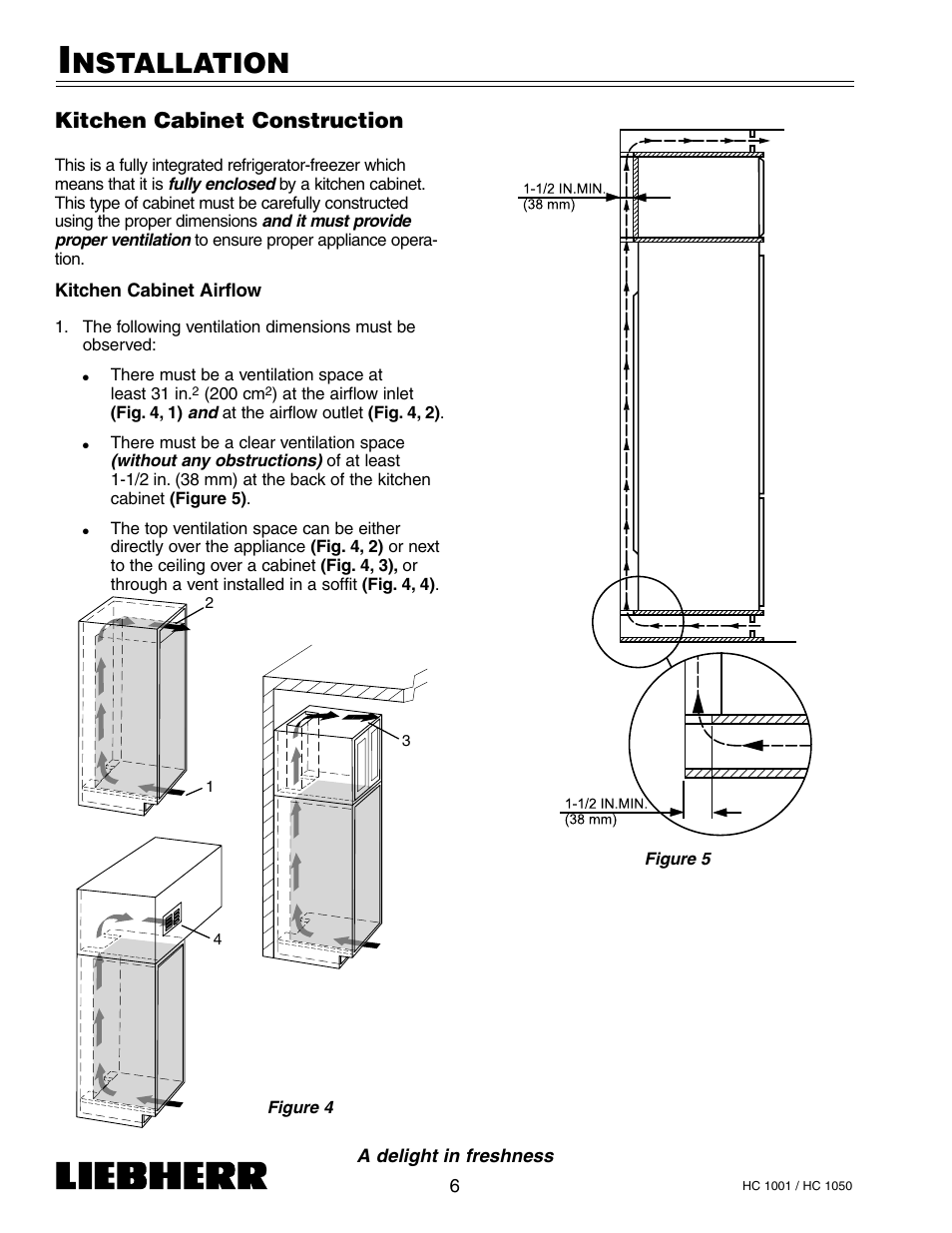 Nstallation, Kitchen cabinet construction | Liebherr HC1050 User Manual | Page 11 / 39