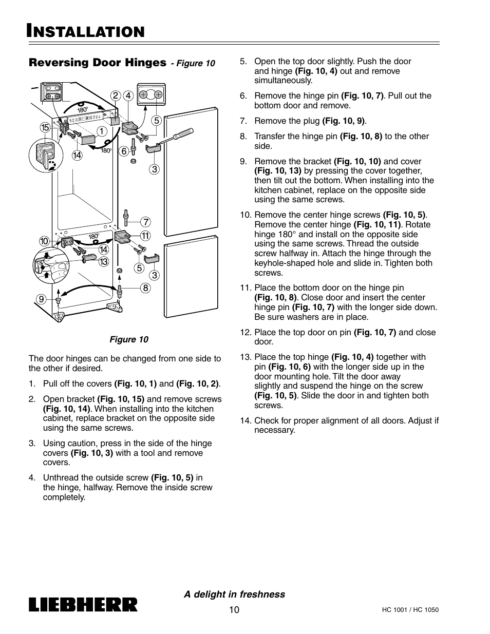 Nstallation, Reversing door hinges | Liebherr HC1050 User Manual | Page 15 / 39