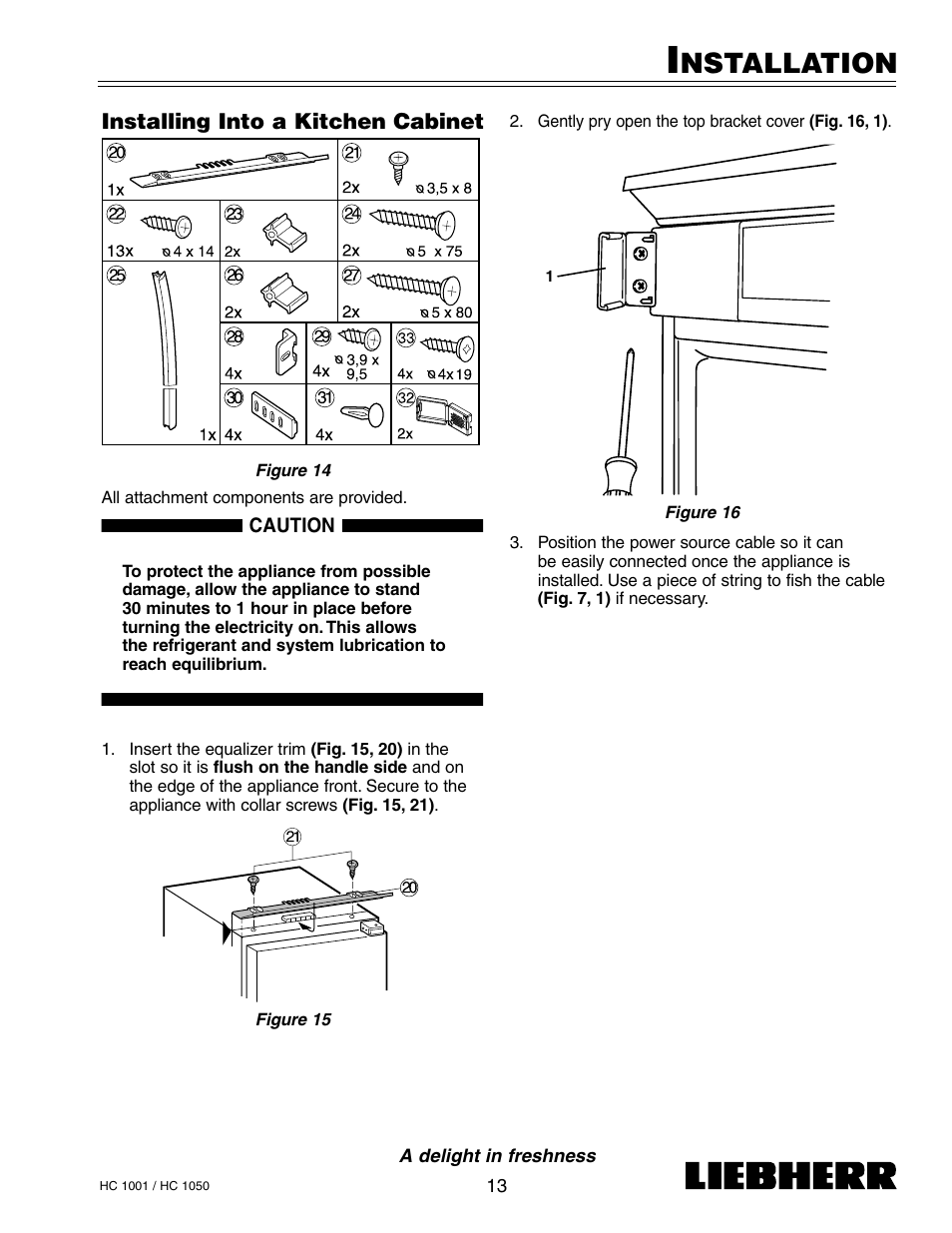Nstallation, Installing into a kitchen cabinet | Liebherr HC1050 User Manual | Page 18 / 39