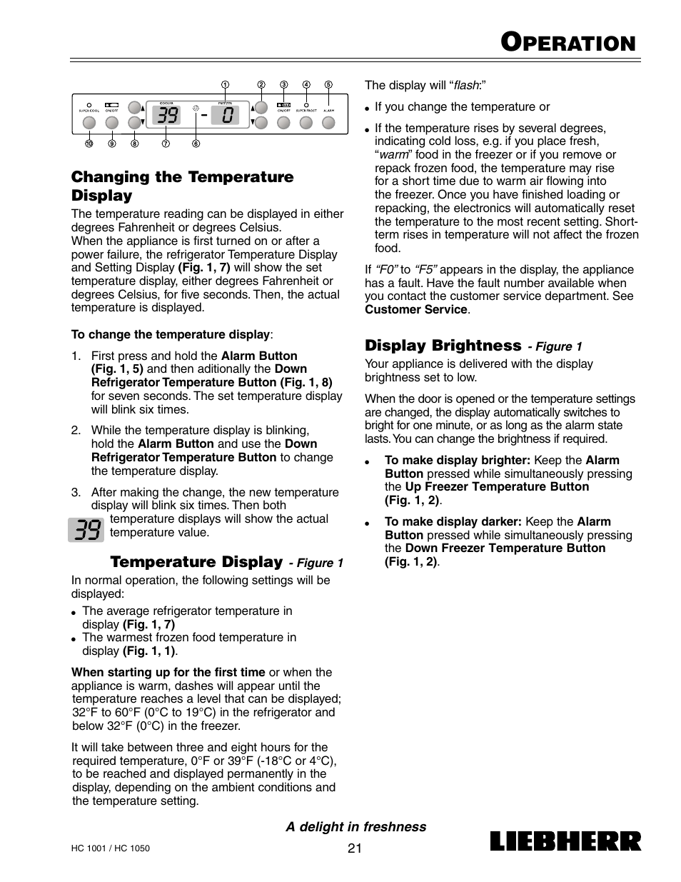 Peration, Display brightness, Changing the temperature display | Temperature display | Liebherr HC1050 User Manual | Page 26 / 39