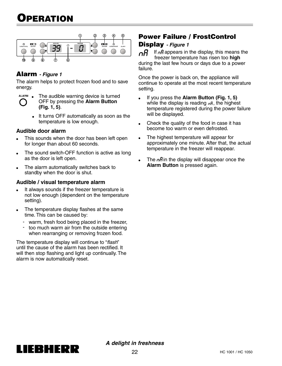 Peration, Power failure / frostcontrol display, Alarm | Liebherr HC1050 User Manual | Page 27 / 39