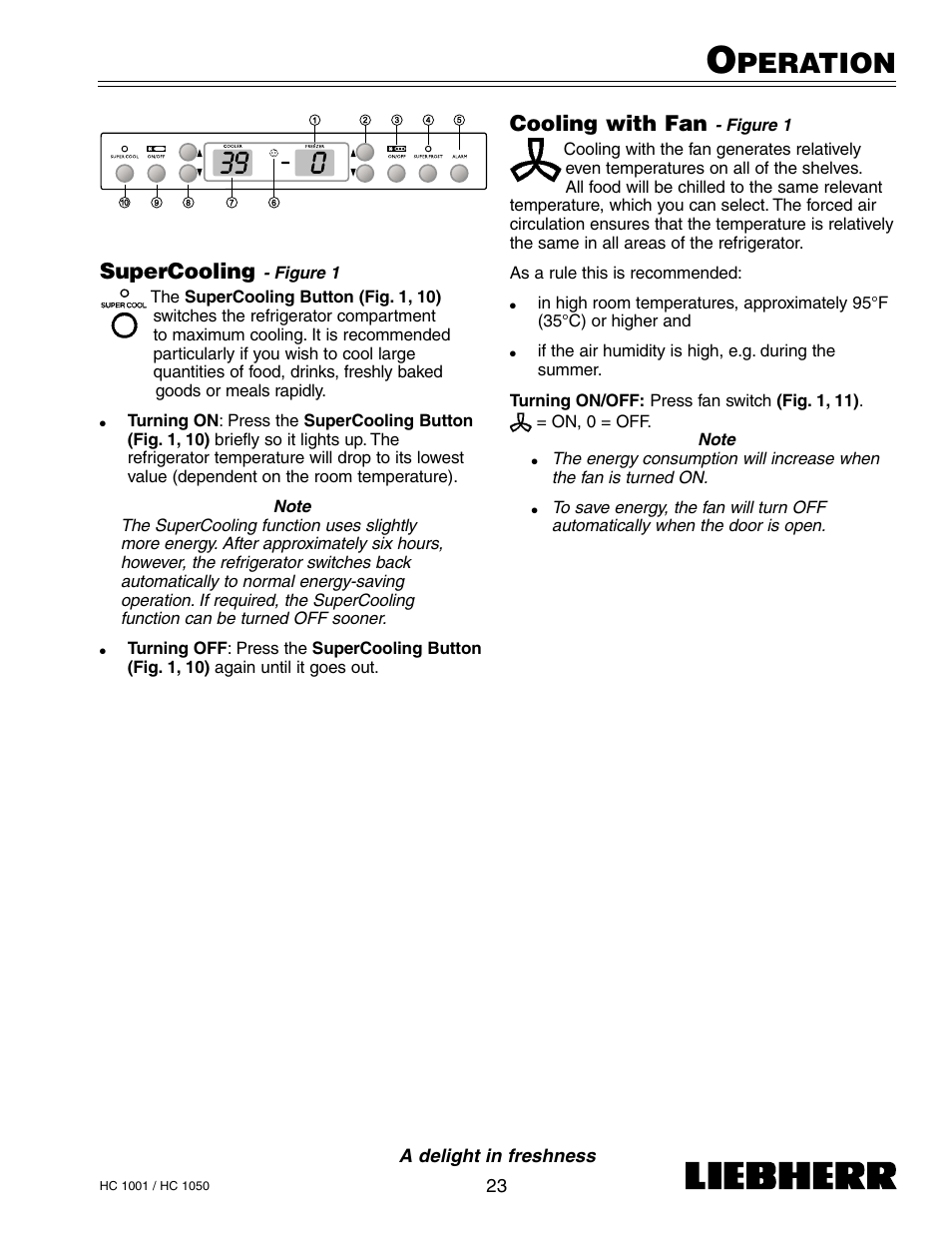Peration, Cooling with fan, Supercooling | Liebherr HC1050 User Manual | Page 28 / 39