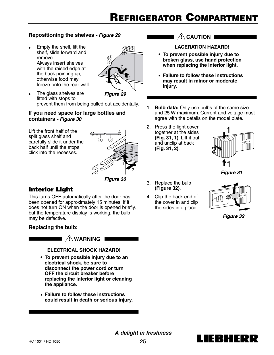 Efrigerator, Ompartment, Interior light | Liebherr HC1050 User Manual | Page 30 / 39