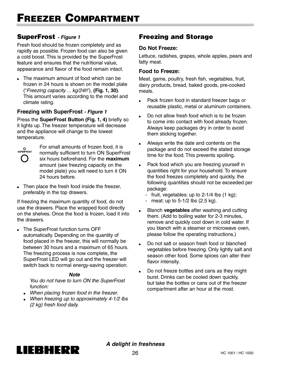 Reezer, Ompartment, Freezing and storage | Superfrost | Liebherr HC1050 User Manual | Page 31 / 39