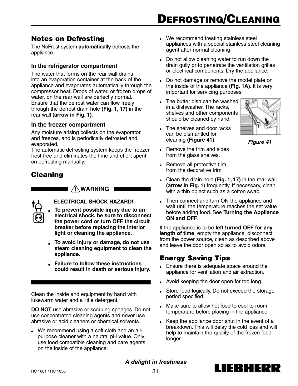 Efrosting, Leaning, Energy saving tips | Cleaning | Liebherr HC1050 User Manual | Page 36 / 39