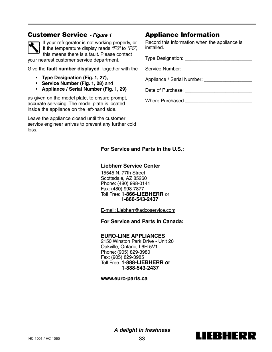 Appliance information, Customer service | Liebherr HC1050 User Manual | Page 38 / 39