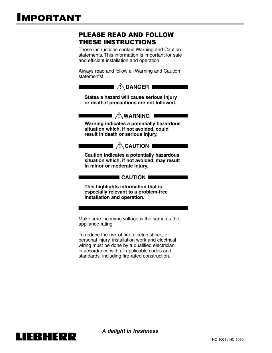 Mportant | Liebherr HC1050 User Manual | Page 5 / 39