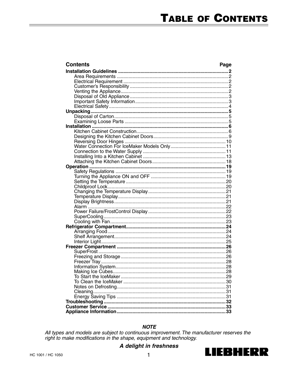 Able, Ontents | Liebherr HC1050 User Manual | Page 6 / 39