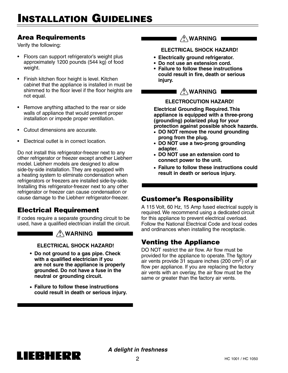 Nstallation, Uidelines | Liebherr HC1050 User Manual | Page 7 / 39