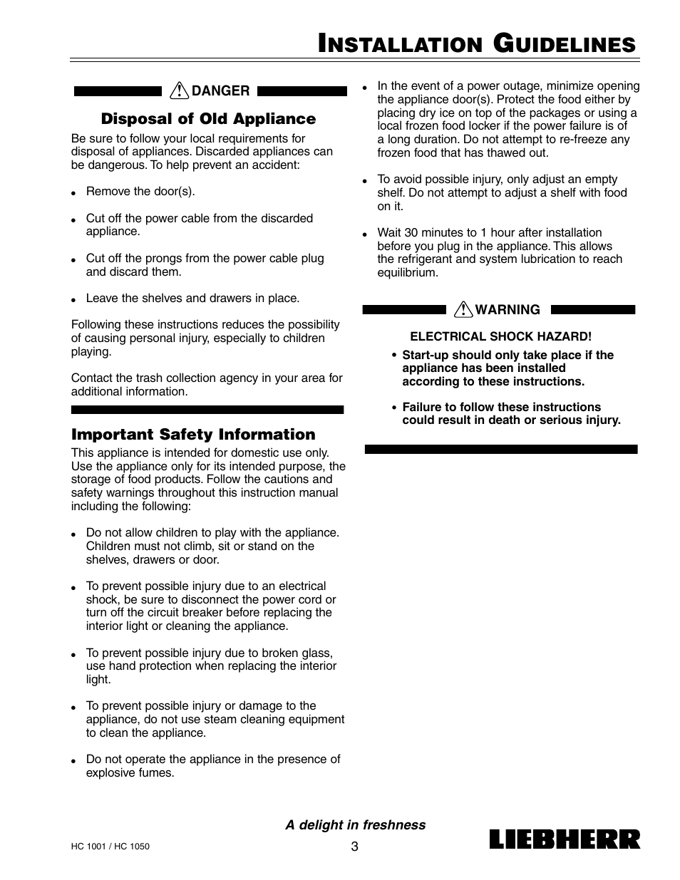 Nstallation, Uidelines, Disposal of old appliance | Important safety information | Liebherr HC1050 User Manual | Page 8 / 39