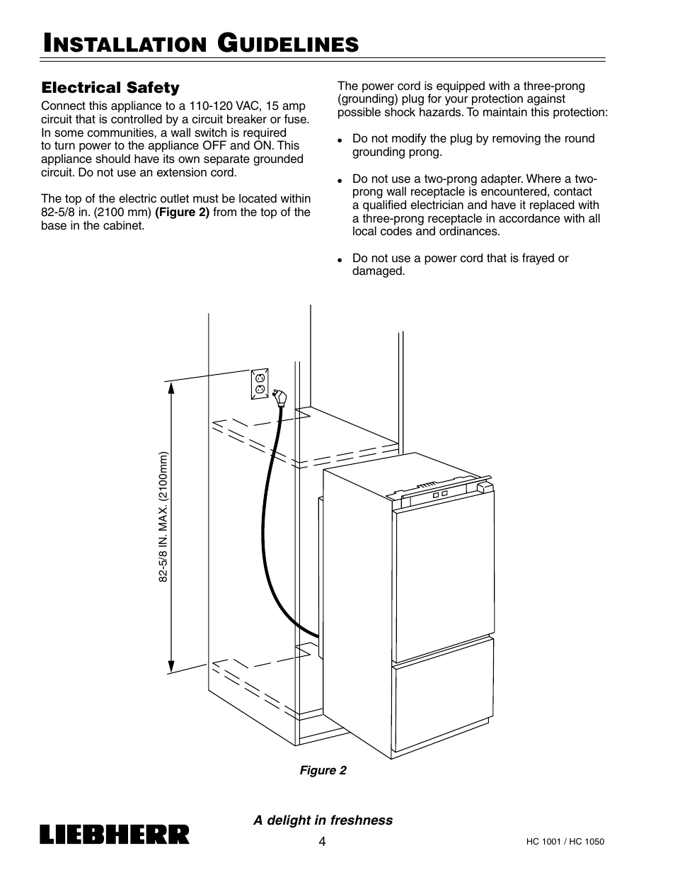 Nstallation, Uidelines, Electrical safety | Liebherr HC1050 User Manual | Page 9 / 39