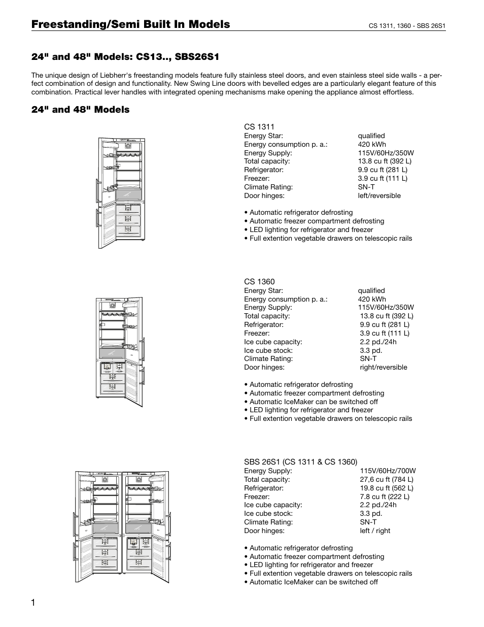 Section 2. freestanding/semi built in models, Freestanding/semi built in models, 24" and 48" models: cs13.., sbs26s1 | Liebherr 48 User Manual | Page 10 / 16