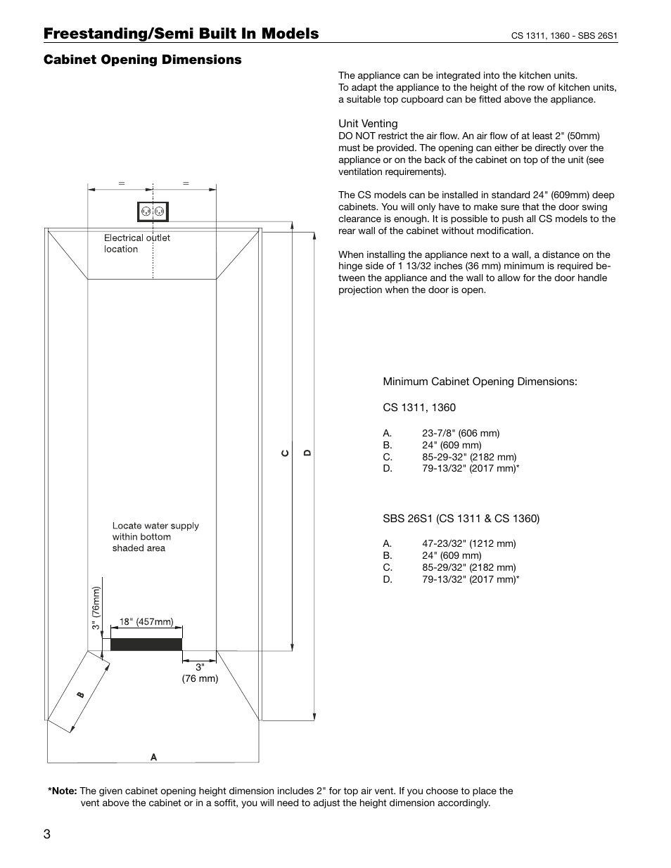 Cabinet opening dimensions, Freestanding/semi built in models | Liebherr 48 User Manual | Page 12 / 16