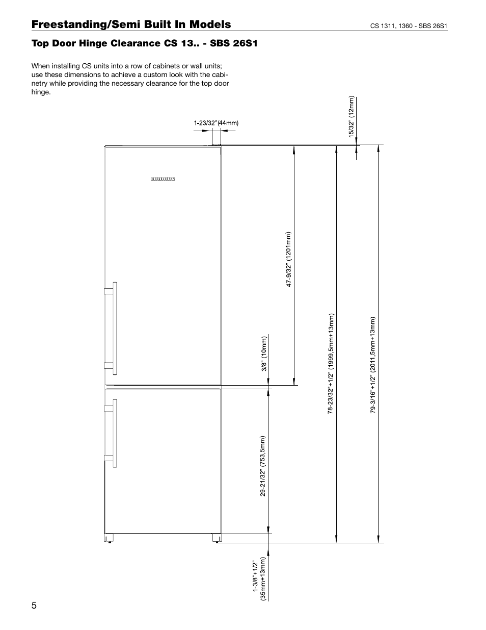 Top door hinge clearance cs 13.. - sbs 26s0, Top door hinge clearance cs 13.. - sbs 26s1, Freestanding/semi built in models | Liebherr 48 User Manual | Page 14 / 16