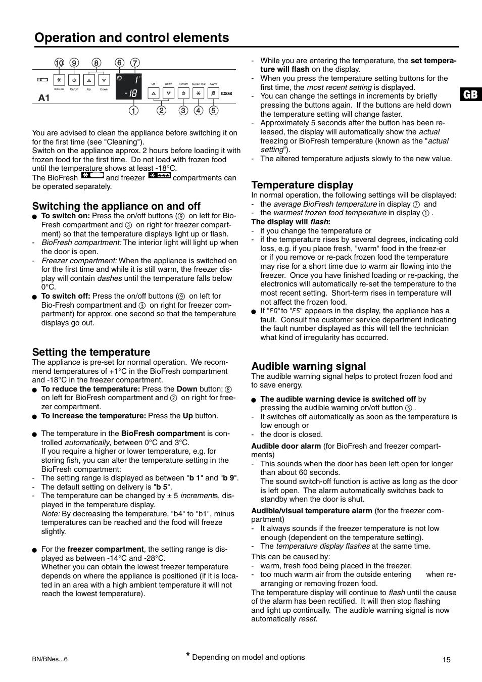 Operation and control elements, Switching the appliance on and off, Setting the temperature | Temperature display, Audible warning signal | Liebherr 7082 218-03 User Manual | Page 14 / 38