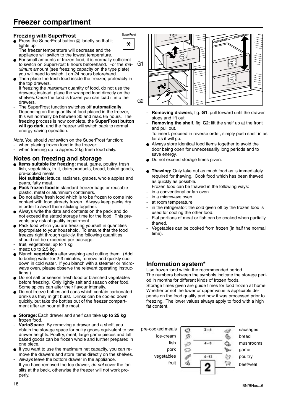 Freezer compartment, Information system, G1 g2 | Liebherr 7082 218-03 User Manual | Page 17 / 38