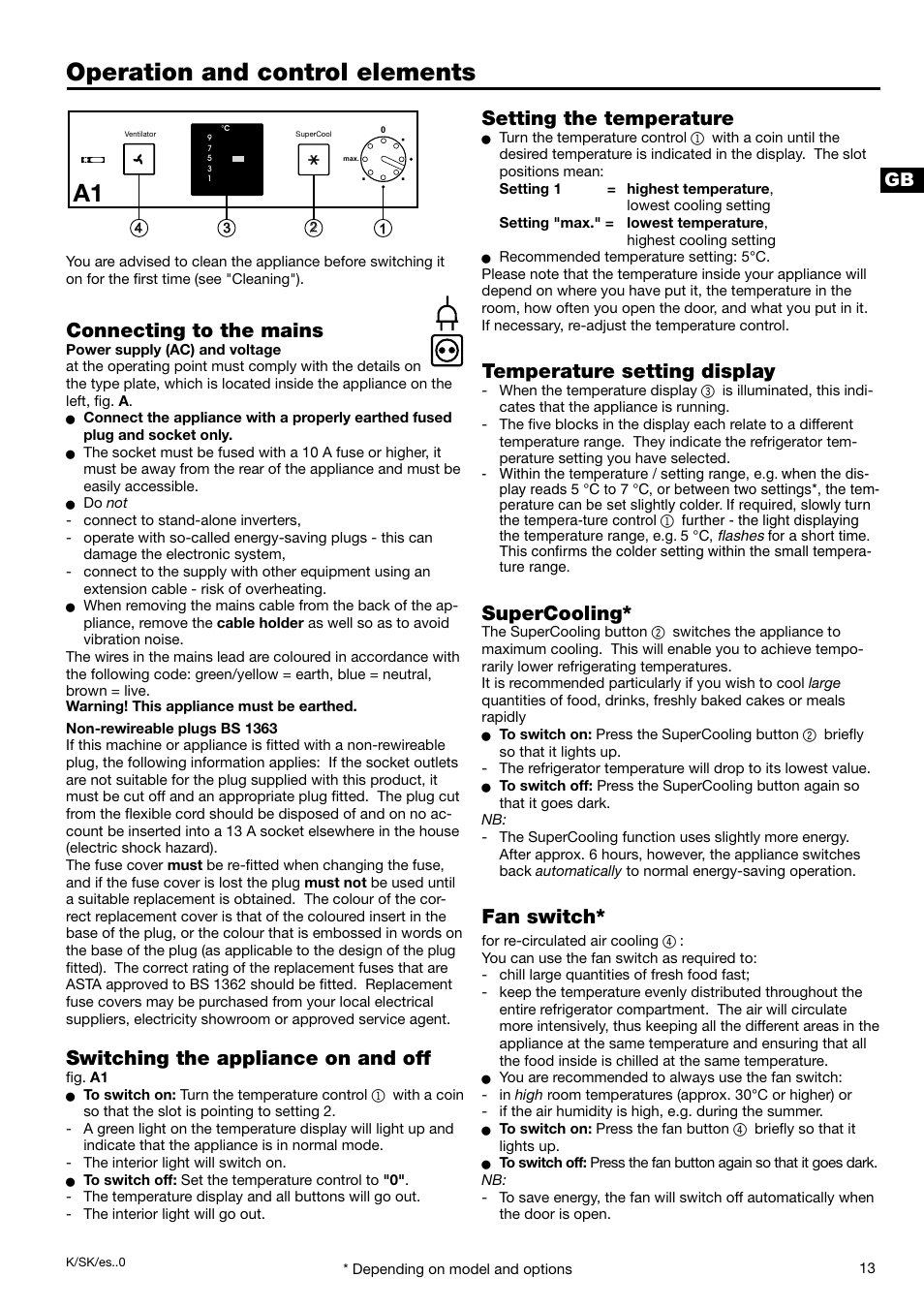 Operation and control elements, Setting the temperature, Temperature setting display | Supercooling, Fan switch, Connecting to the mains, Switching the appliance on and off | Liebherr 7082 218-03 User Manual | Page 5 / 38