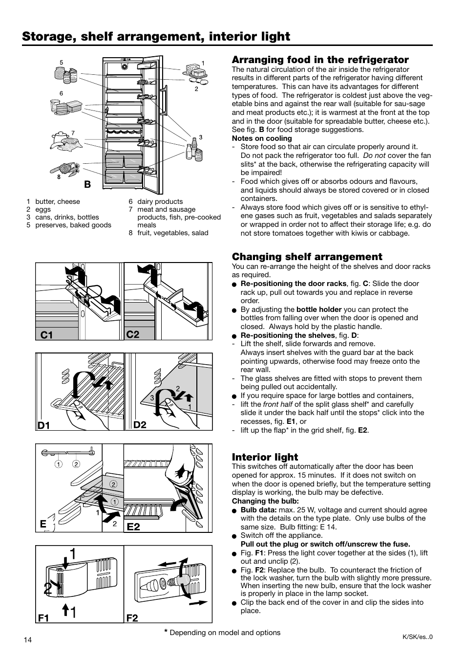 Storage, shelf arrangement, interior light, Arranging food in the refrigerator, Changing shelf arrangement | Interior light | Liebherr 7082 218-03 User Manual | Page 6 / 38