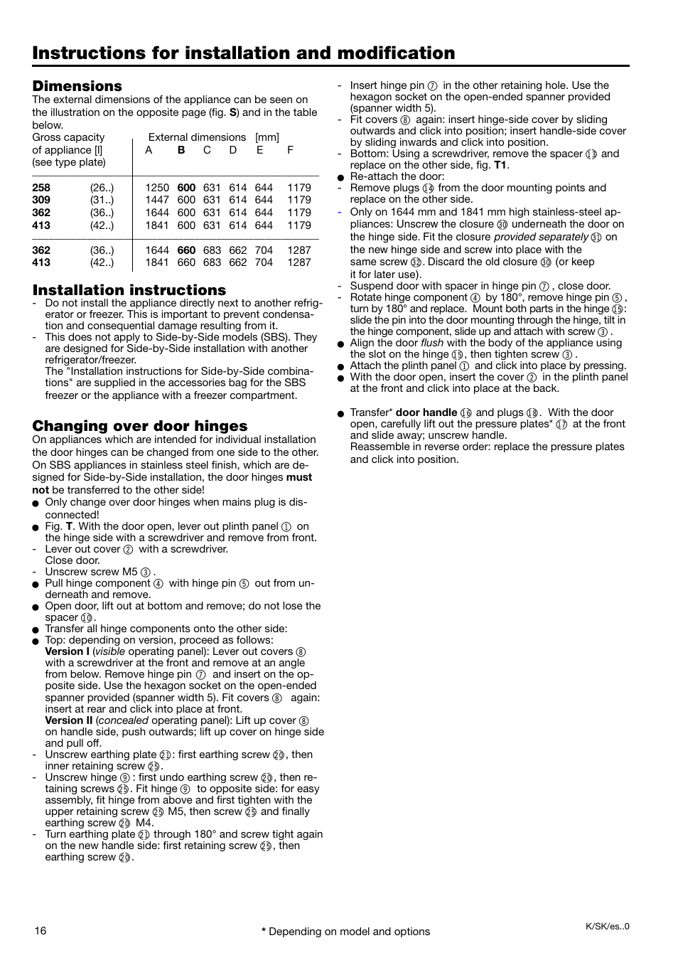 Instructions for installation and modification, Dimensions, Installation instructions | Changing over door hinges | Liebherr 7082 218-03 User Manual | Page 8 / 38