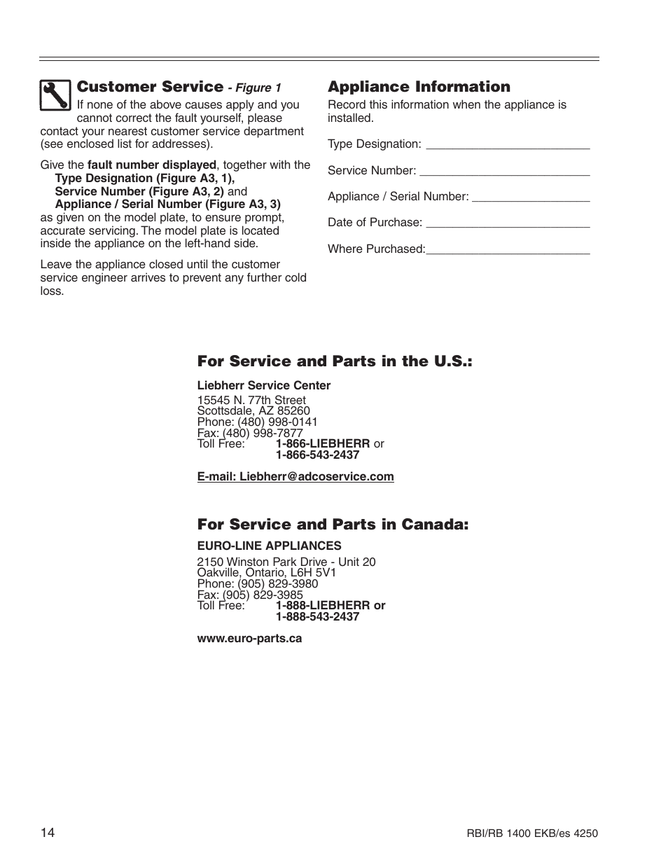 Appliance information, Customer service, For service and parts in the u.s | For service and parts in canada | Liebherr RBI 1400 User Manual | Page 18 / 19