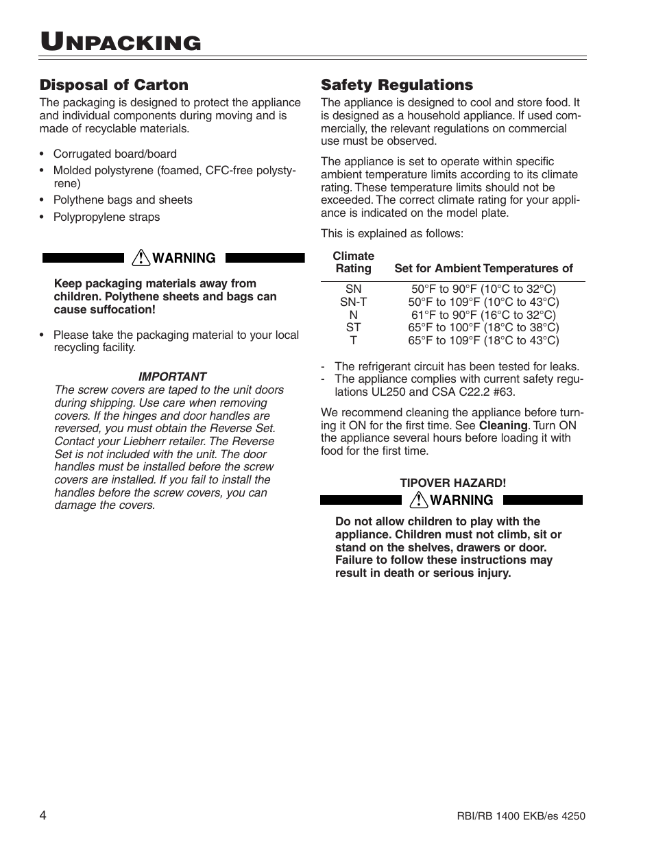 Npacking | Liebherr RBI 1400 User Manual | Page 8 / 19