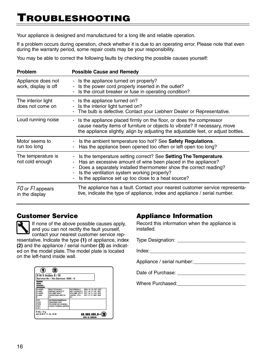 Roubleshooting | Liebherr WS 40 User Manual | Page 16 / 17