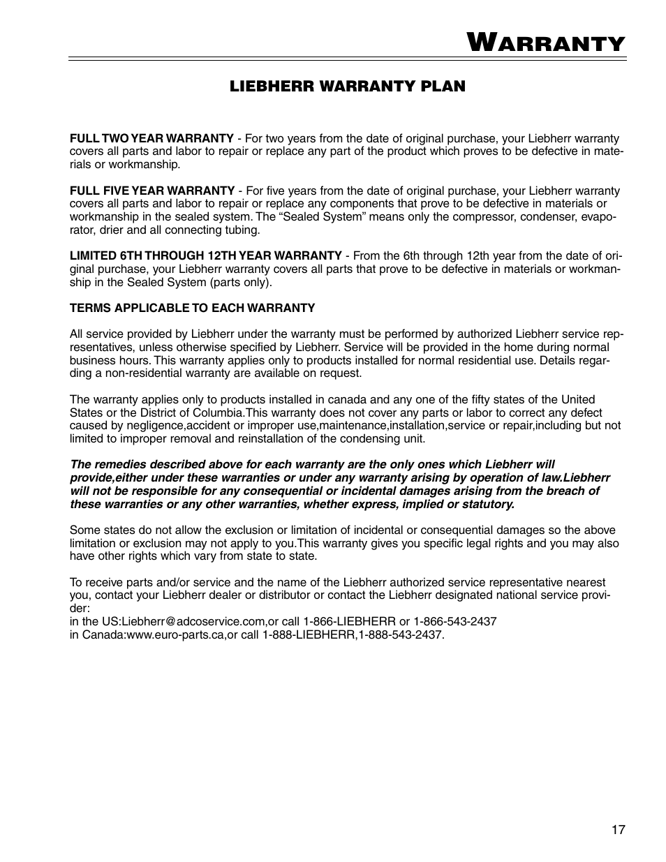 Arranty | Liebherr WS 40 User Manual | Page 17 / 17
