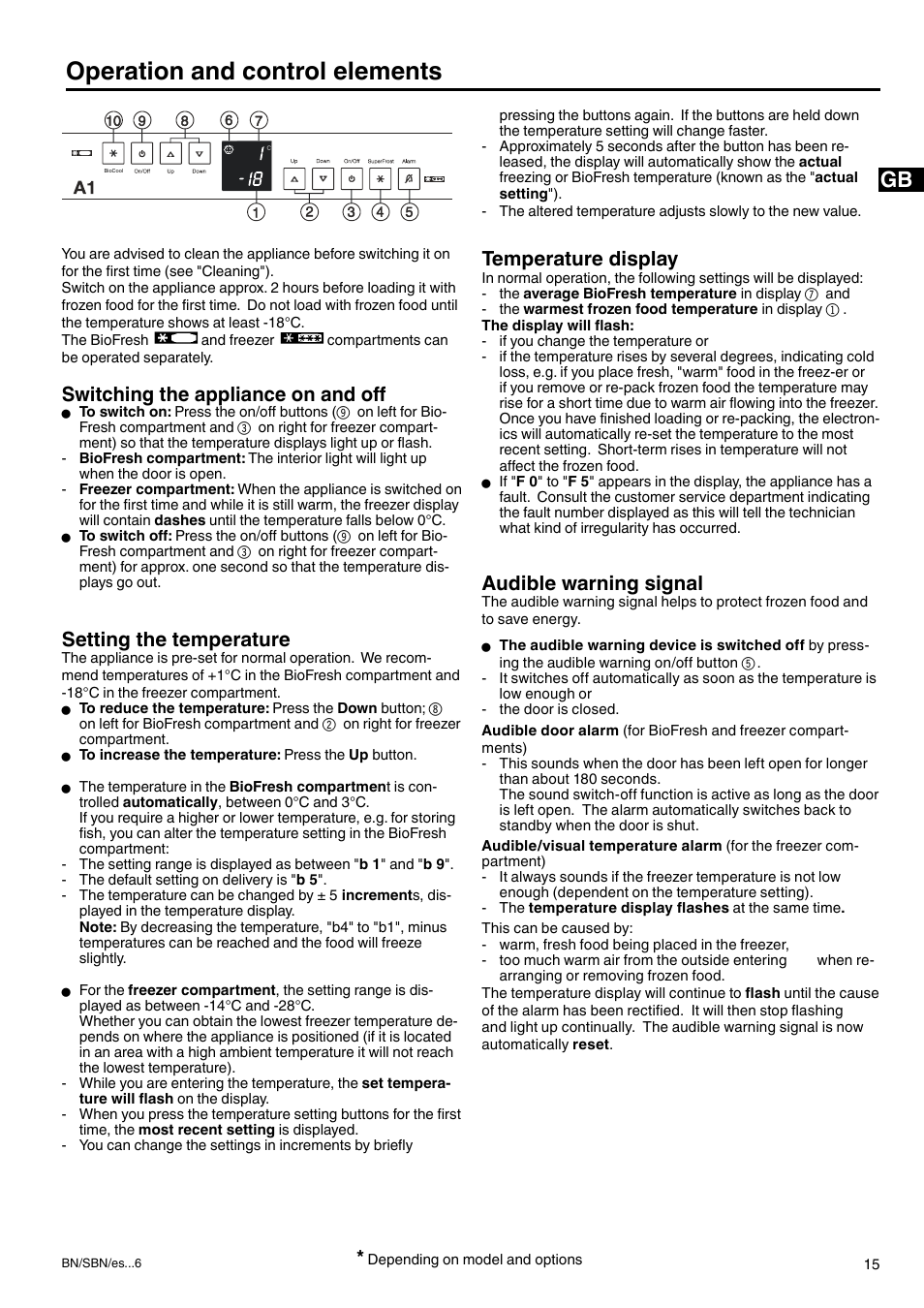 Operation and control elements, Switching the appliance on and off, Setting the temperature | Temperature display, Audible warning signal | Liebherr 7082 344-01 User Manual | Page 5 / 11