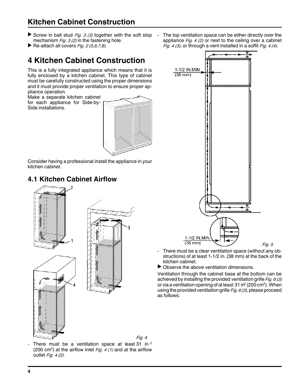4kitchen cabinet construction, 1kitchen cabinet airflow, 4 kitchen cabinet construction | Kitchen cabinet construction, 1 kitchen cabinet airflow | Liebherr HC1001 User Manual | Page 4 / 14