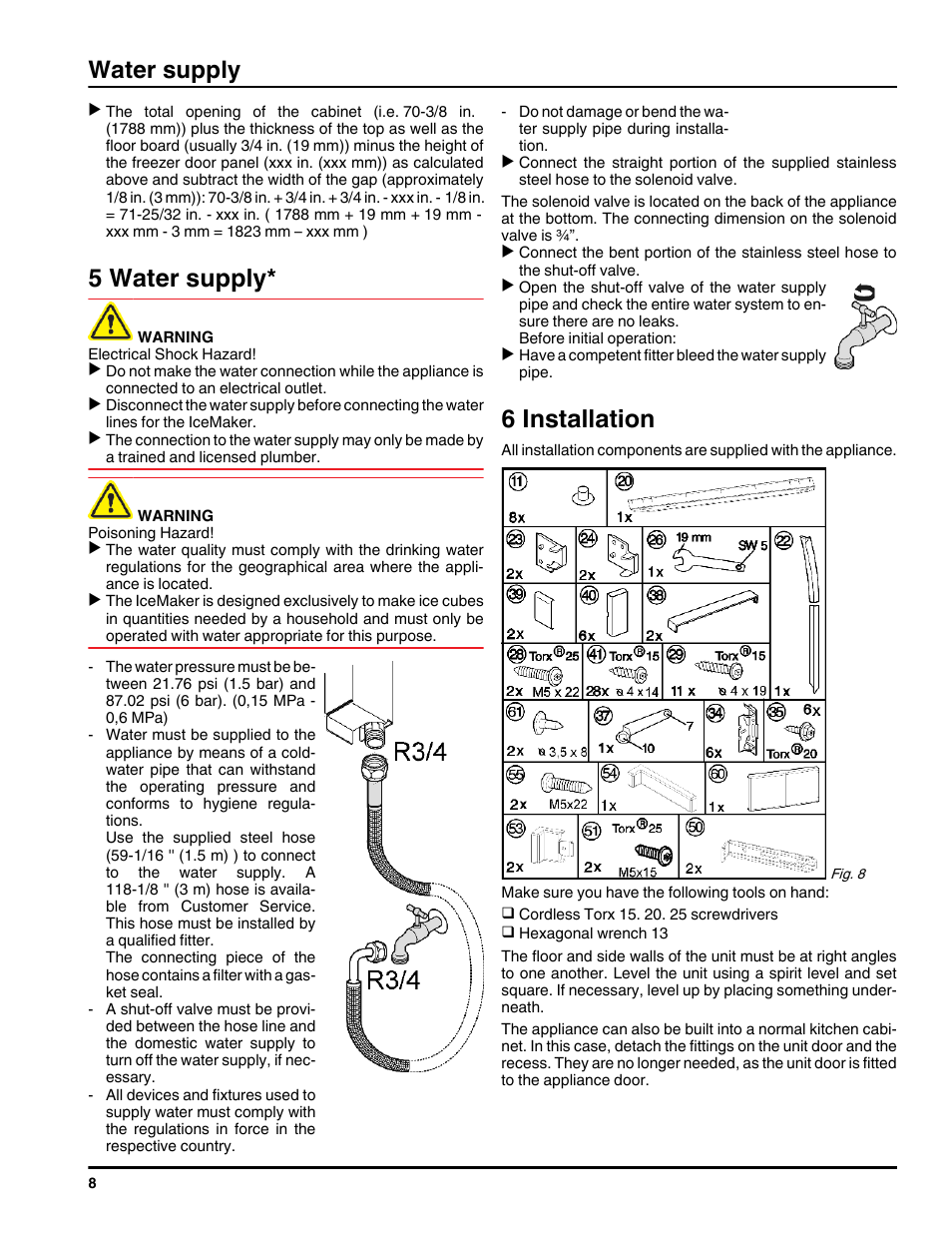 5water supply, 6installation, 5 water supply | 6 installation, Water supply | Liebherr HC1001 User Manual | Page 8 / 14