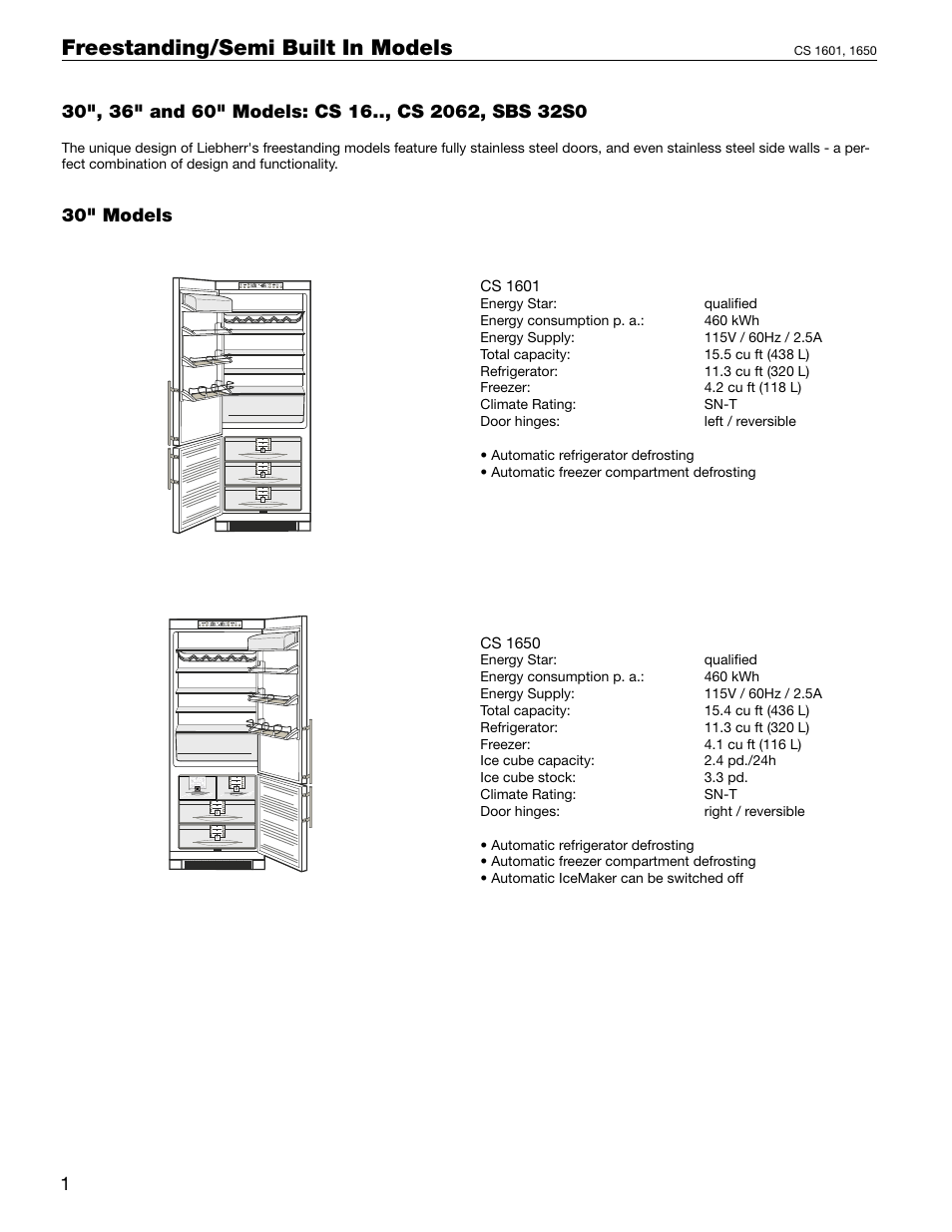 Section 2. freestanding/semi built in models, Freestanding/semi built in models | Liebherr 60 User Manual | Page 10 / 20