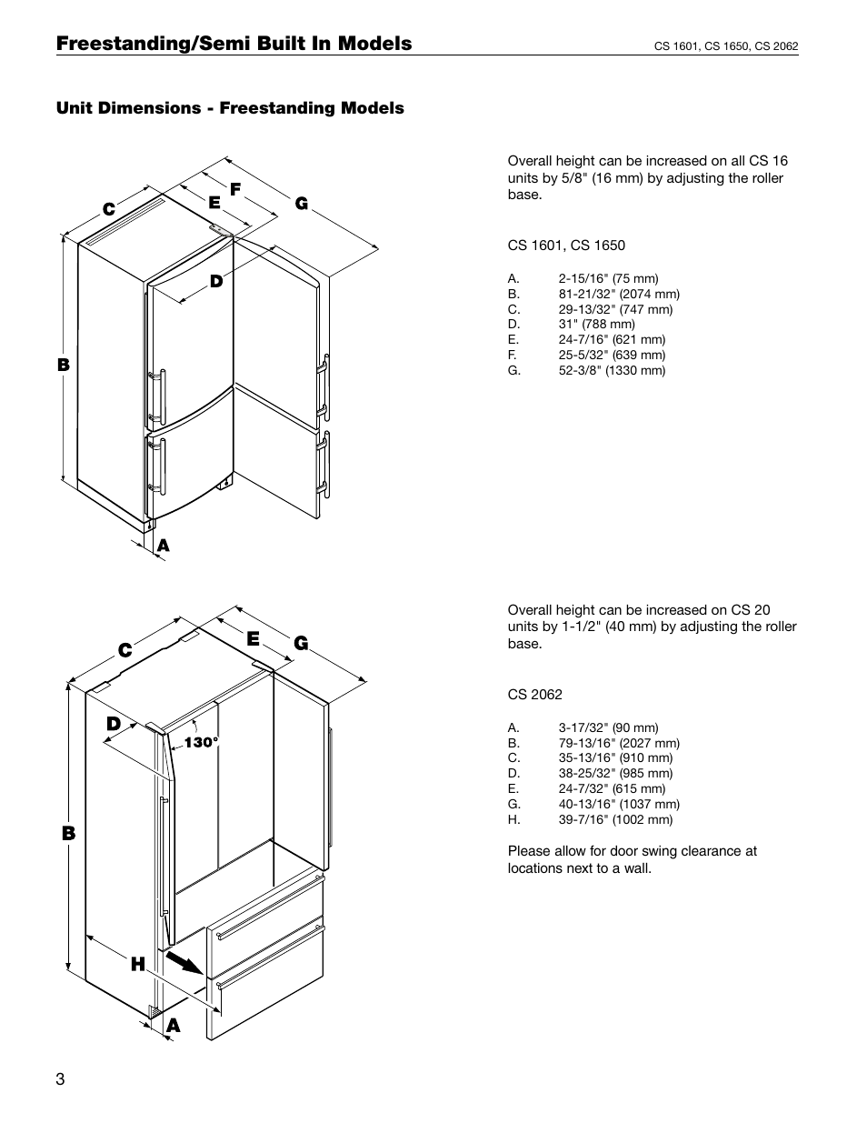 Unit dimensions, Freestanding/semi built in models, Unit dimensions - freestanding models 3 | Liebherr 60 User Manual | Page 12 / 20